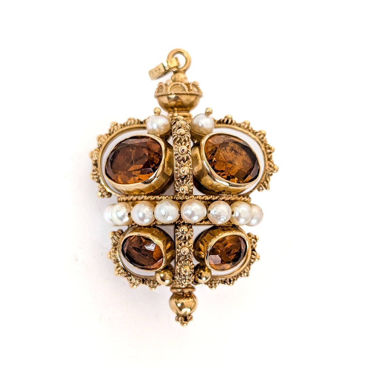 Vintage 18K Gold Citrine and Pearl Crown Pendant