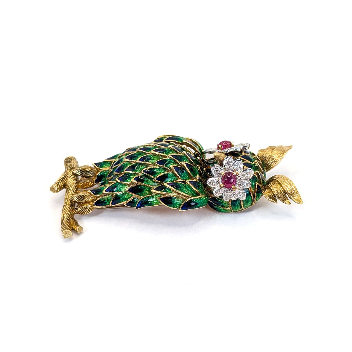 Vintage 18K Gold Enamel Owl Brooch with Ruby and Diamond Eyes