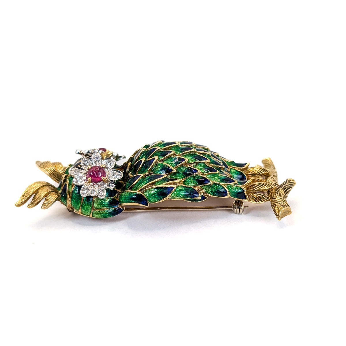 Vintage 18K Gold Enamel Owl Brooch with Ruby and Diamond Eyes