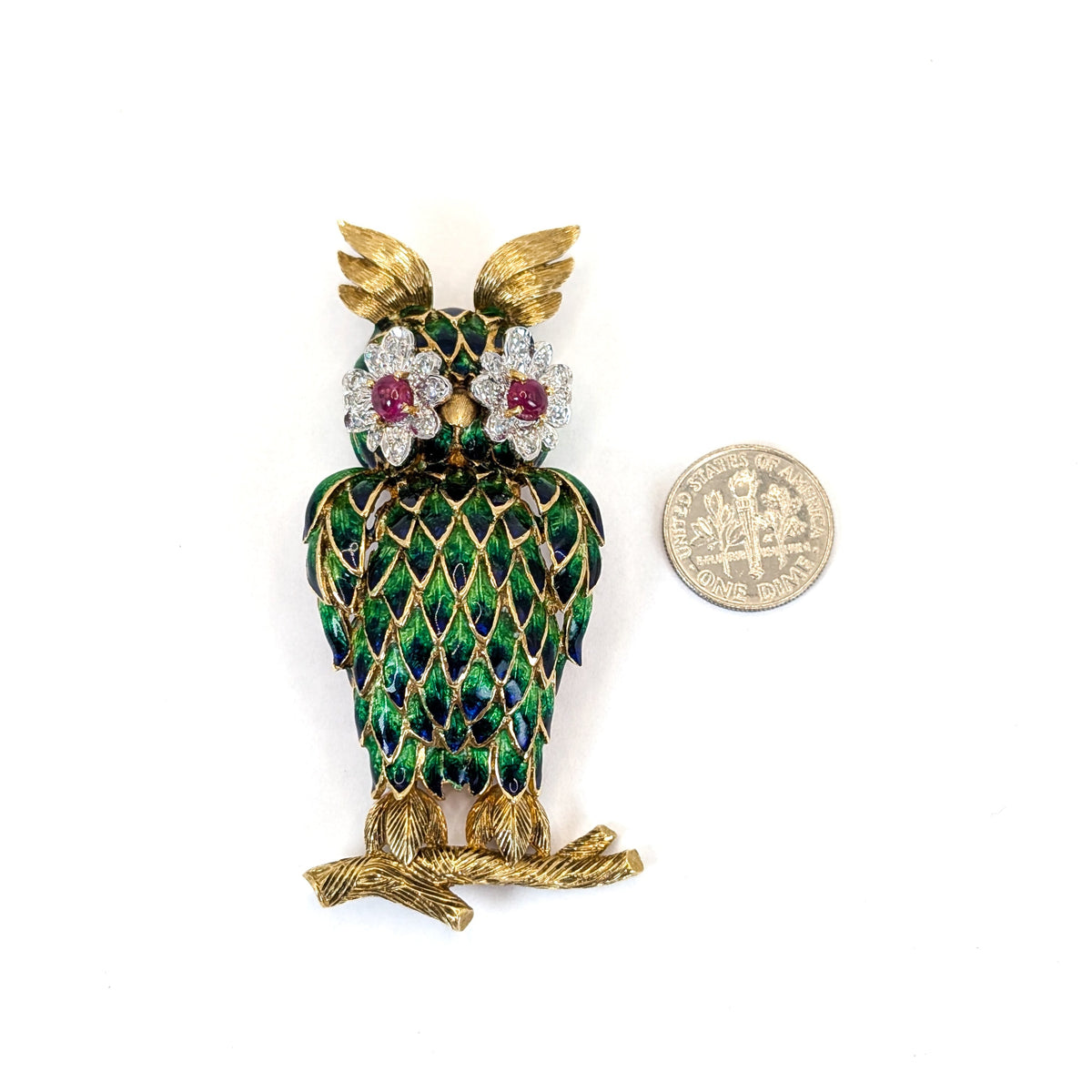 Vintage 18K Gold Enamel Owl Brooch with Ruby and Diamond Eyes