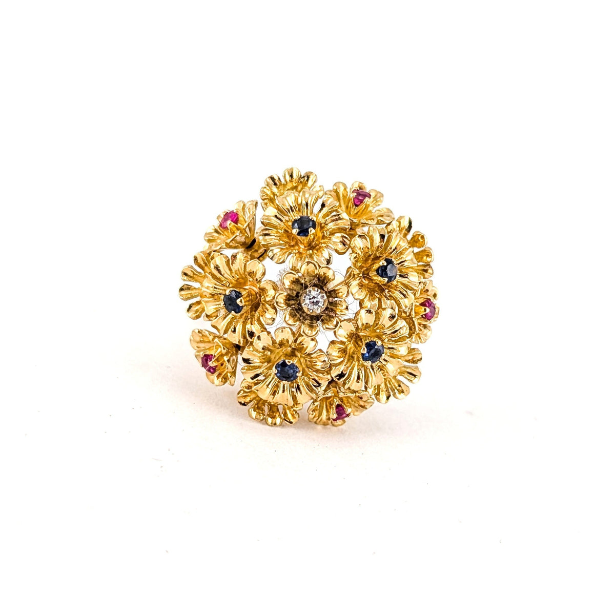 Vintage 18K Gold Ruby Sapphire & Diamond Tremblant Floral Ring, 1950s-60s