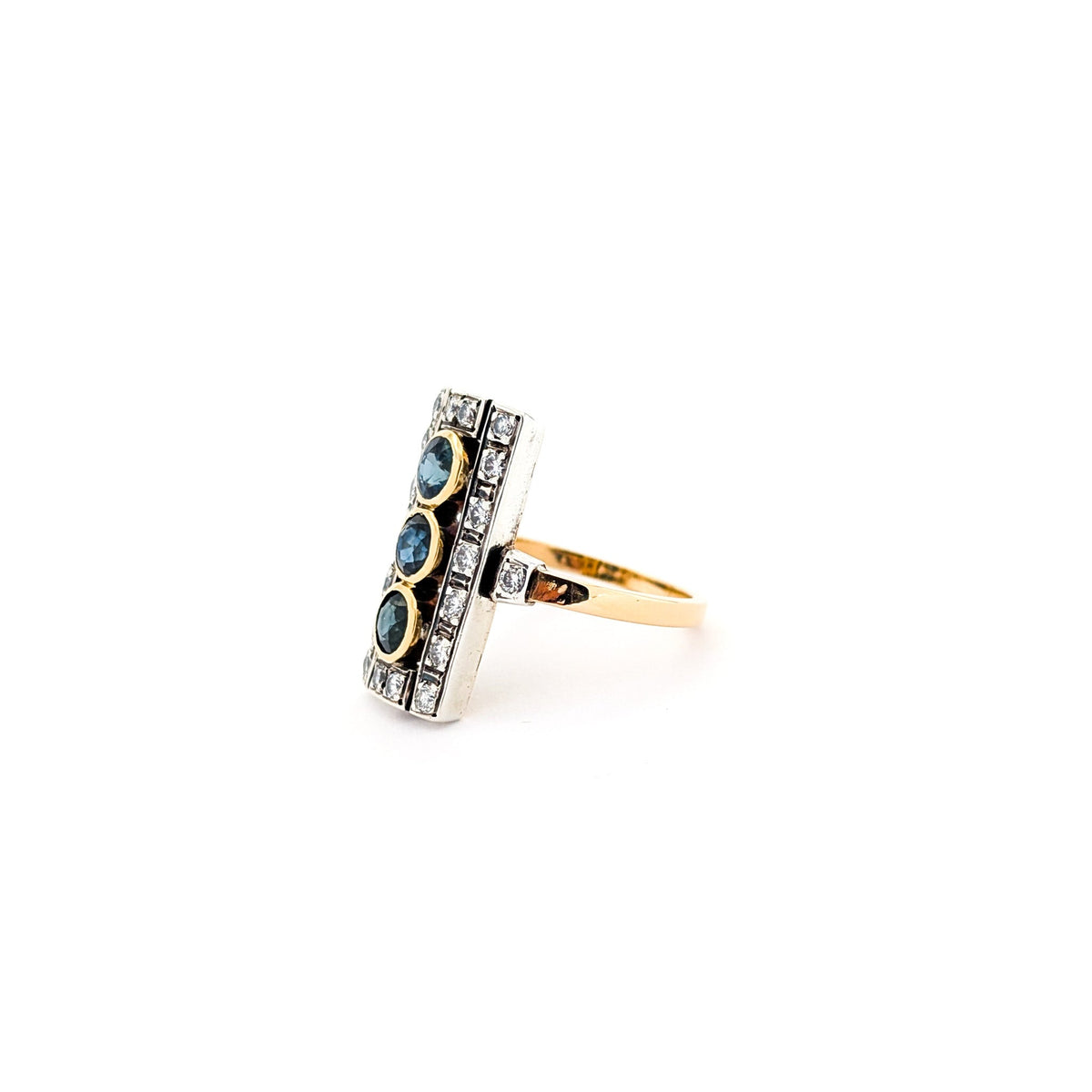Vintage 18K Gold and Silver Shield Ring with Sapphires and Diamonds