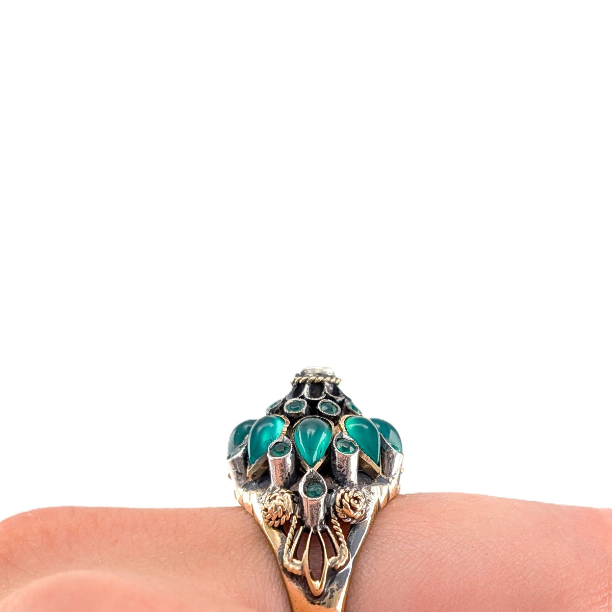 Vintage Thai Princess Ring 18K Gold Emerald Cabochon Cluster Statement Ring