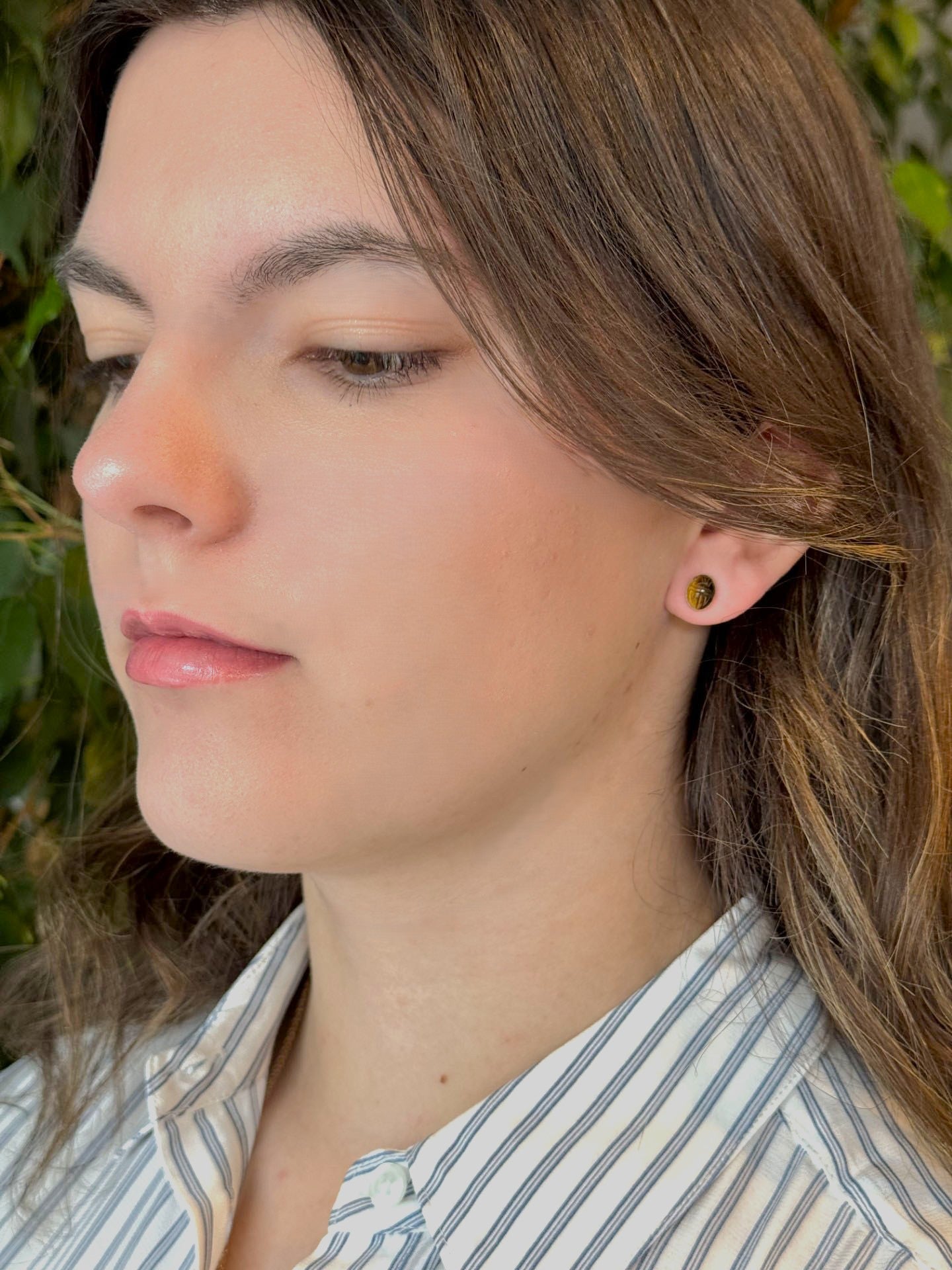 14K Gold Scarab Carved Tiger’s Eye Stud Earrings