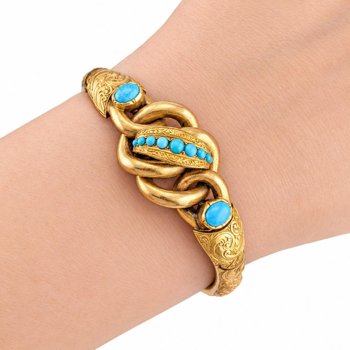 Antique Victorian 18K Gold Turquoise Adjustable Bangle Bracelet