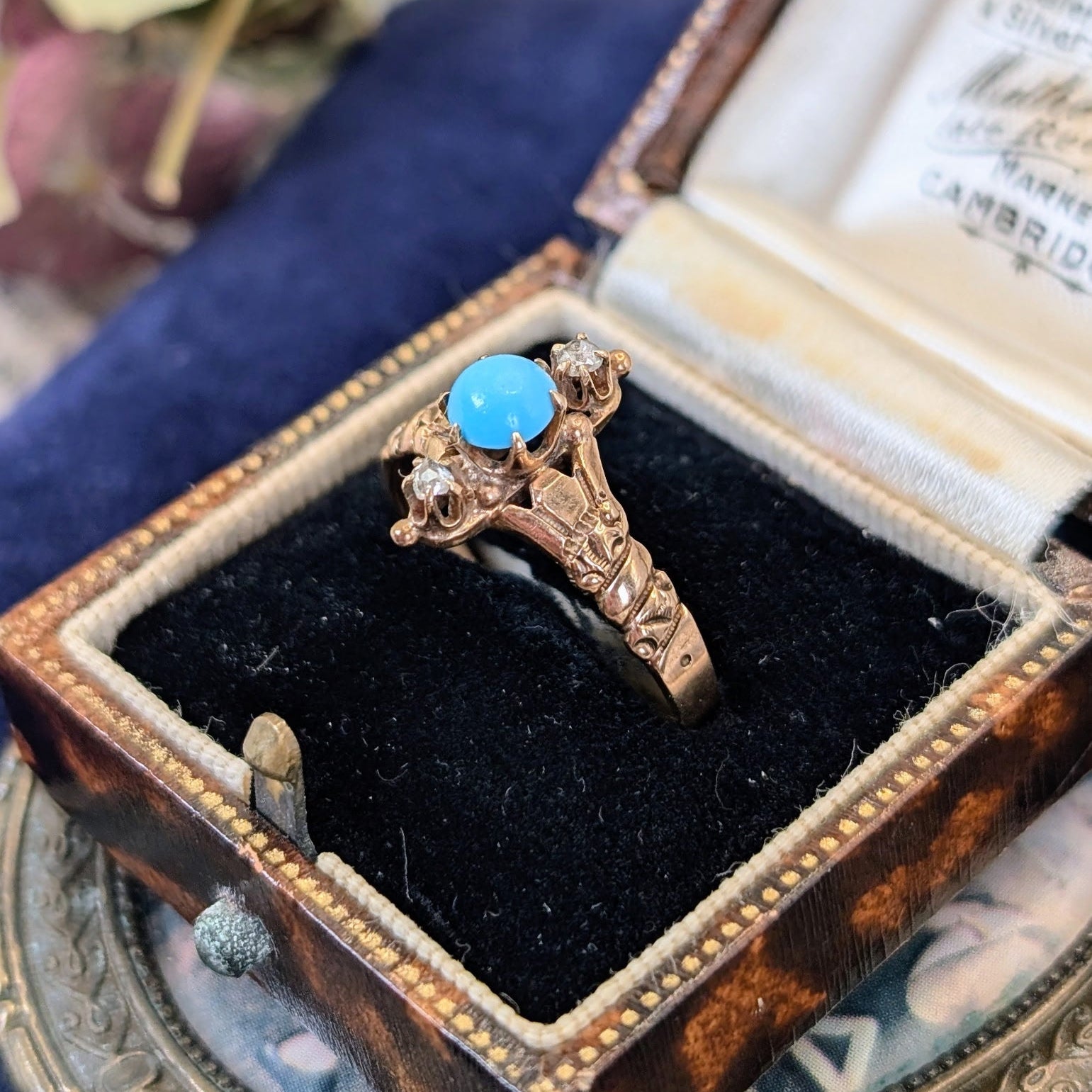 10k Vintage ring with turquoise stone and 2 rose cut diamonds in an ornate wooden box