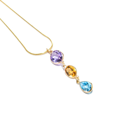 14K Gold Amethyst, Citrine & Blue Topaz Drop Pendant Necklace w/Snake Chain