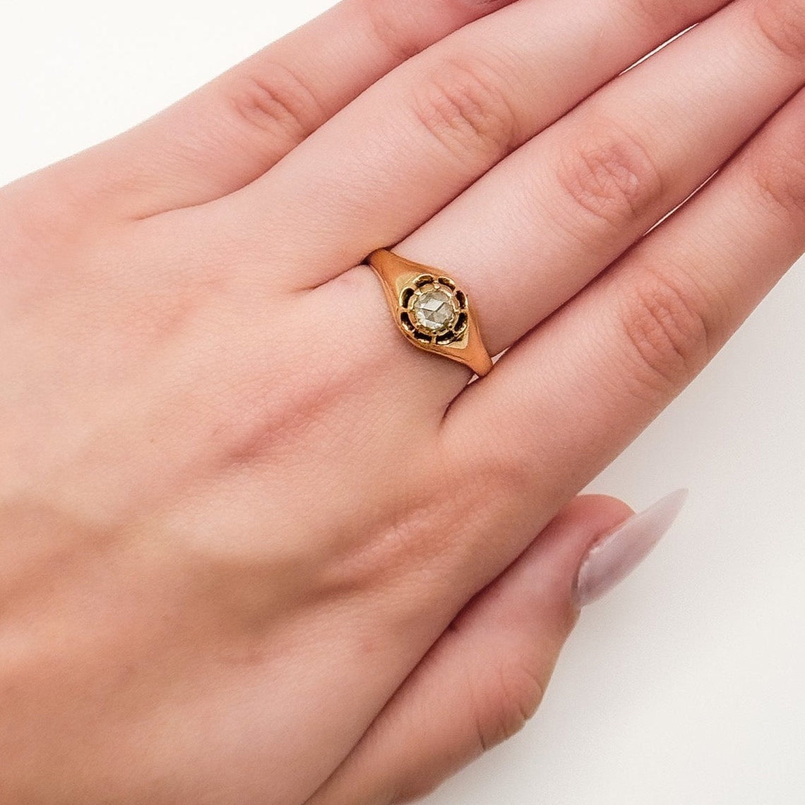 15K Gold Antique Rose Cut Diamond Solitaire Ring