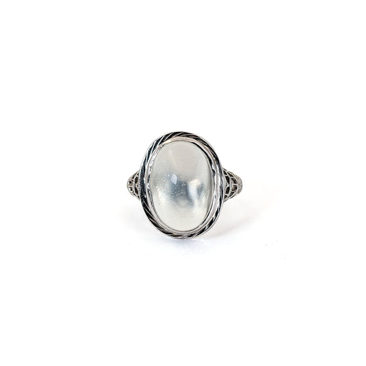 Art Deco 14K White Gold Moonstone Filigree Ring