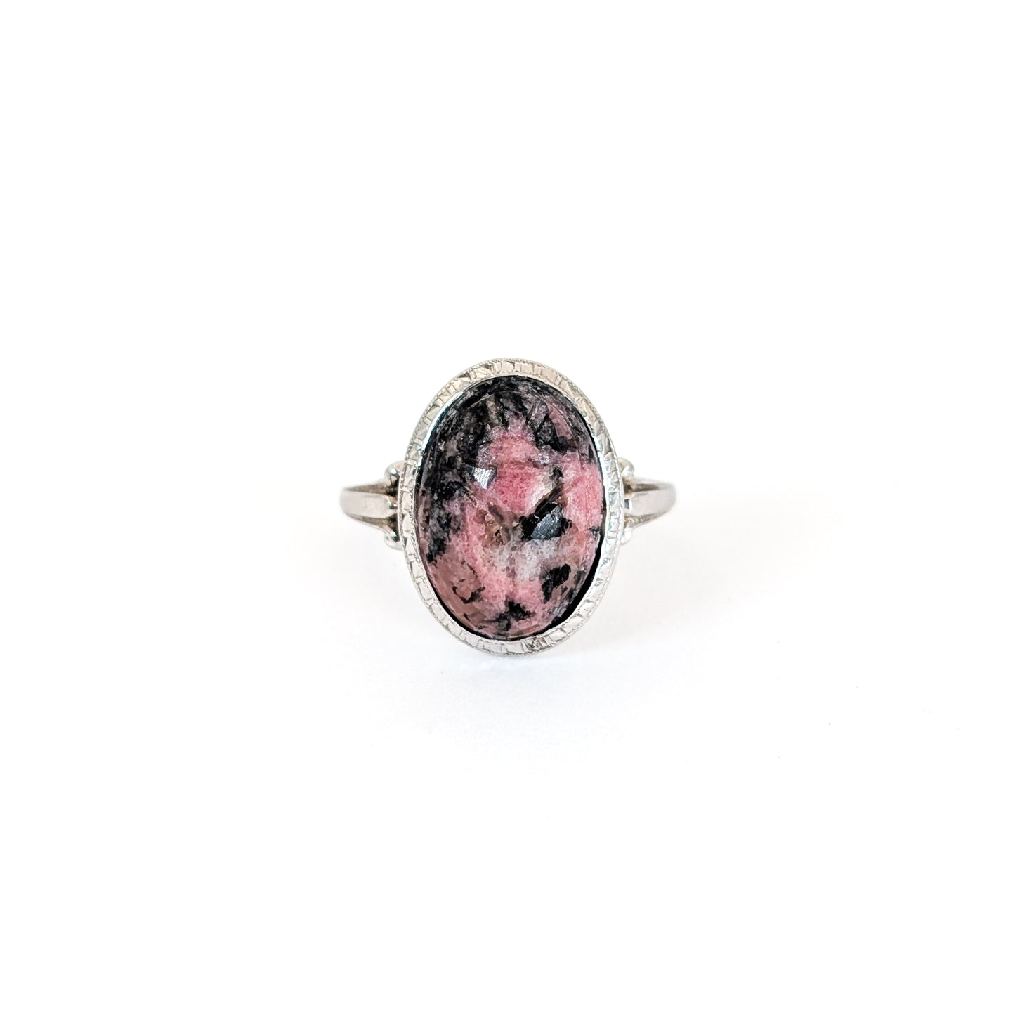 Vintage Pink and Black Rhodonite Scarab Ring in 14K White Gold