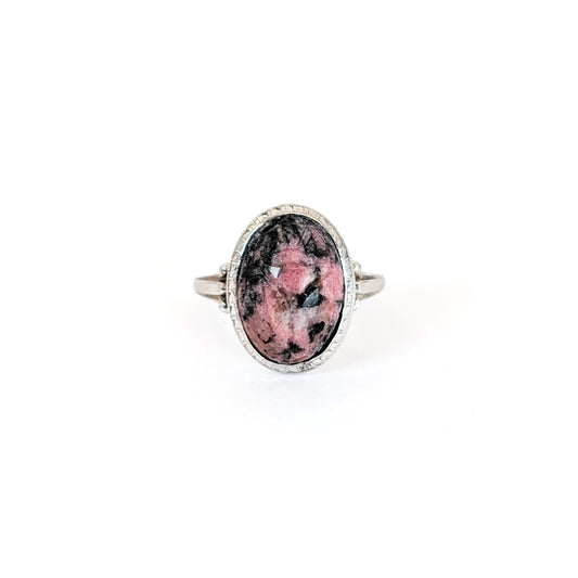 Vintage Pink and Black Rhodonite Scarab Ring in 14K White Gold