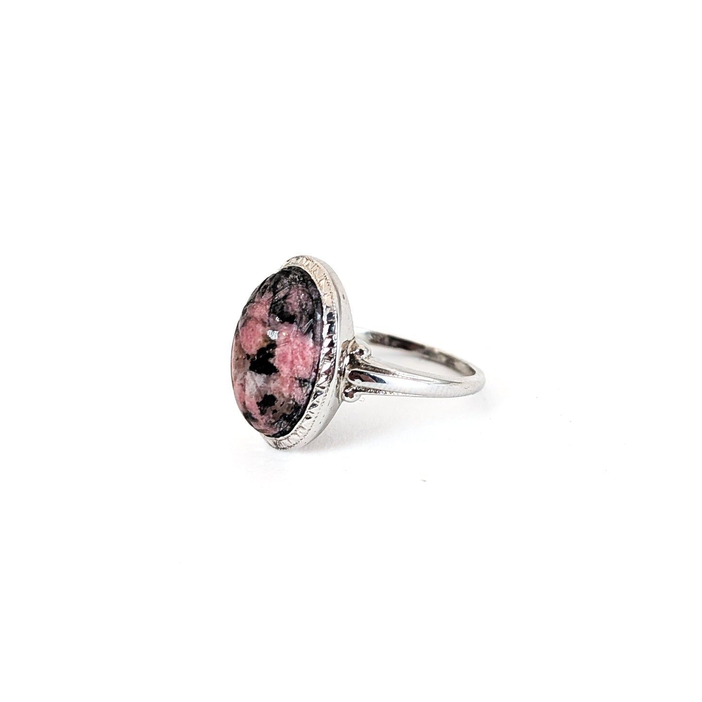 Vintage Pink and Black Rhodonite Scarab Ring in 14K White Gold