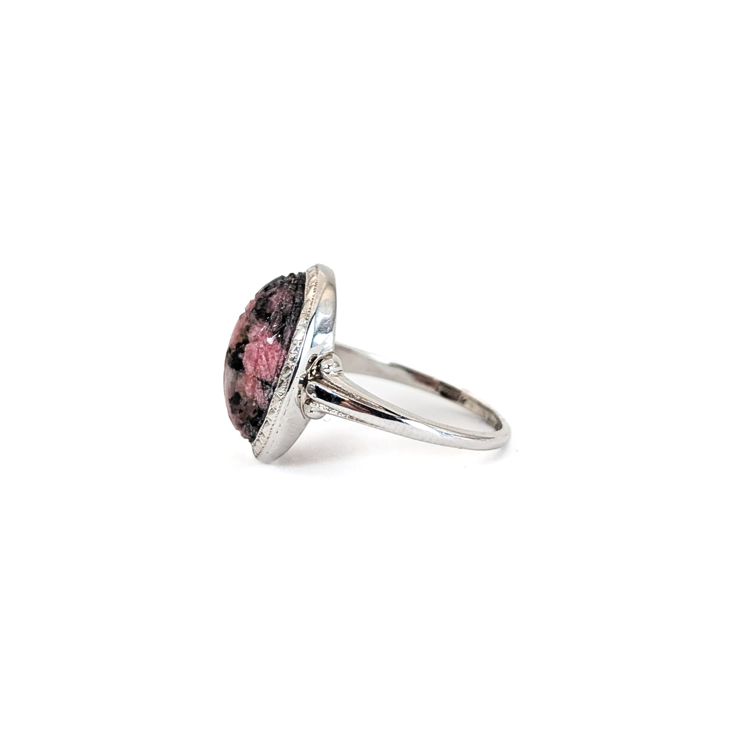 Vintage Pink and Black Rhodonite Scarab Ring in 14K White Gold