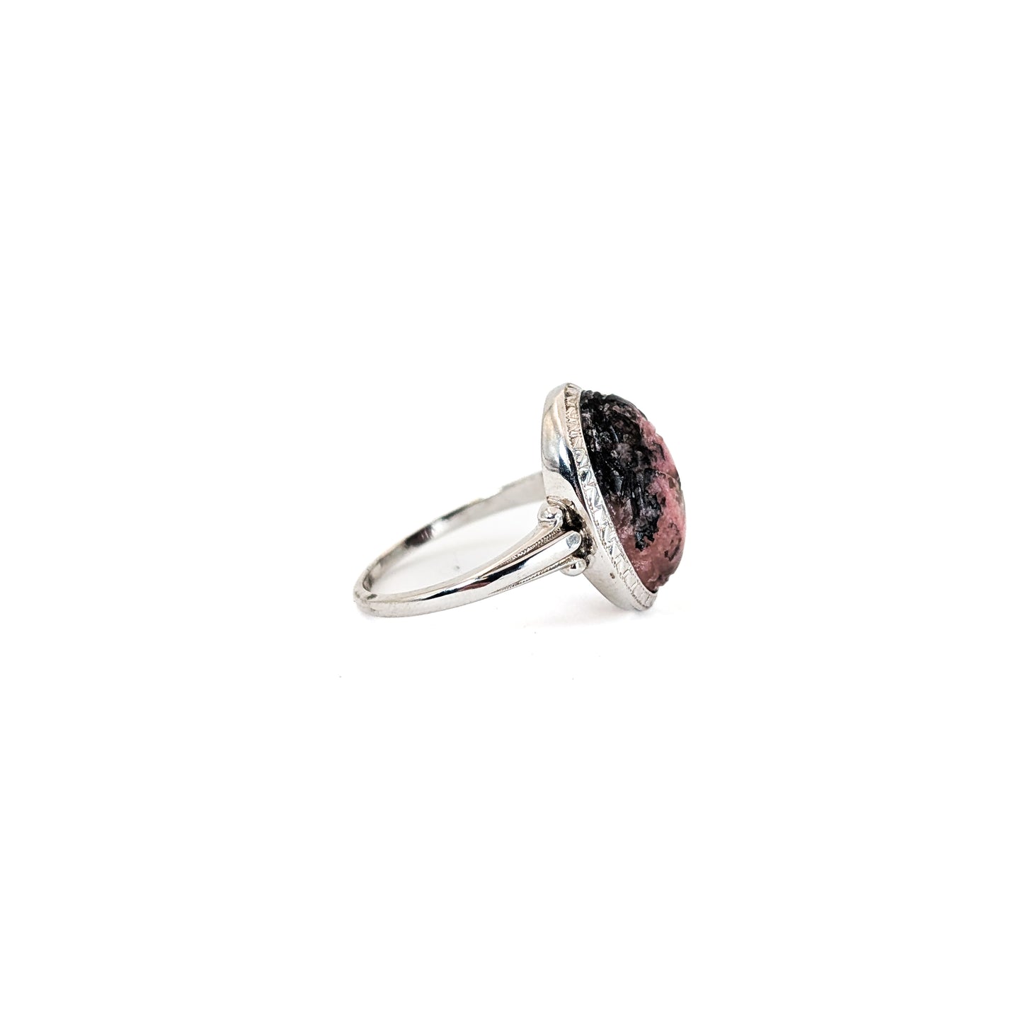 Vintage Pink and Black Rhodonite Scarab Ring in 14K White Gold