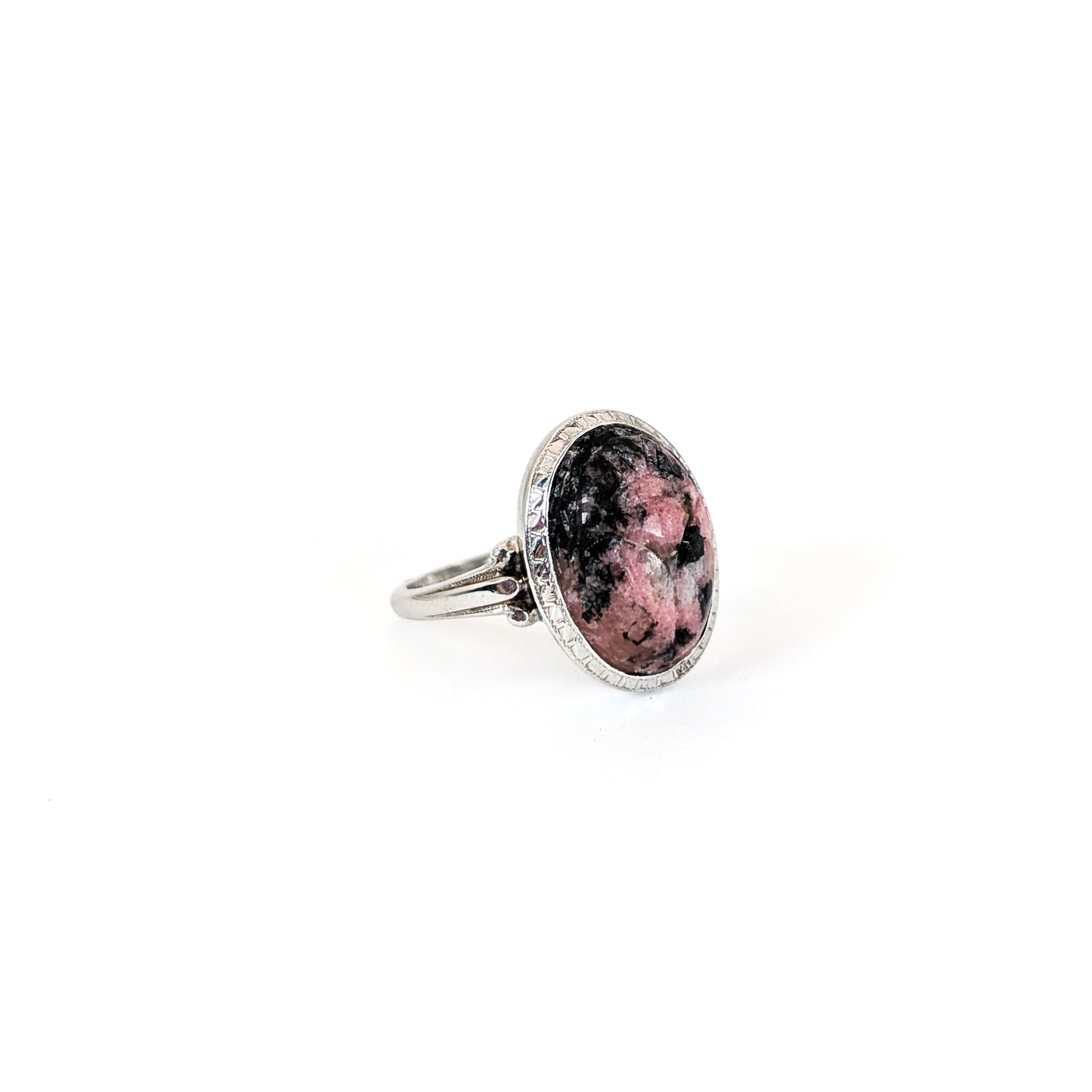 Vintage Pink and Black Rhodonite Scarab Ring in 14K White Gold