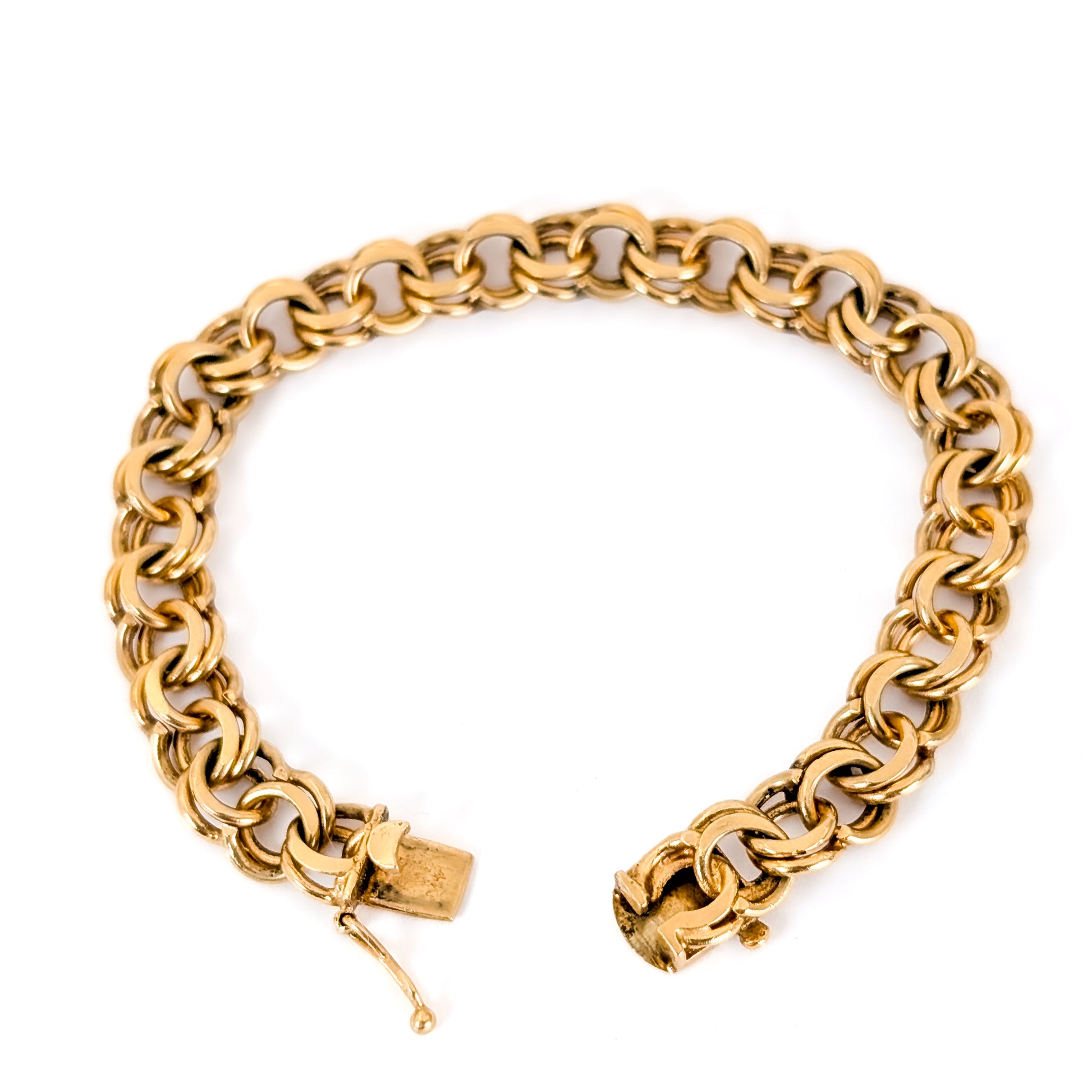 Vintage 14K Yellow Gold Double Link Charm Bracelet, 7", 24.35 g – 1970s–1980s