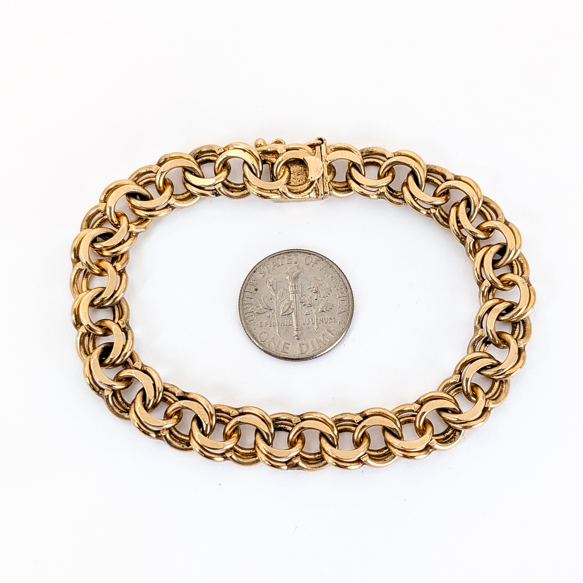 Vintage 14K Yellow Gold Double Link Charm Bracelet, 7", 24.35 g – 1970s–1980s