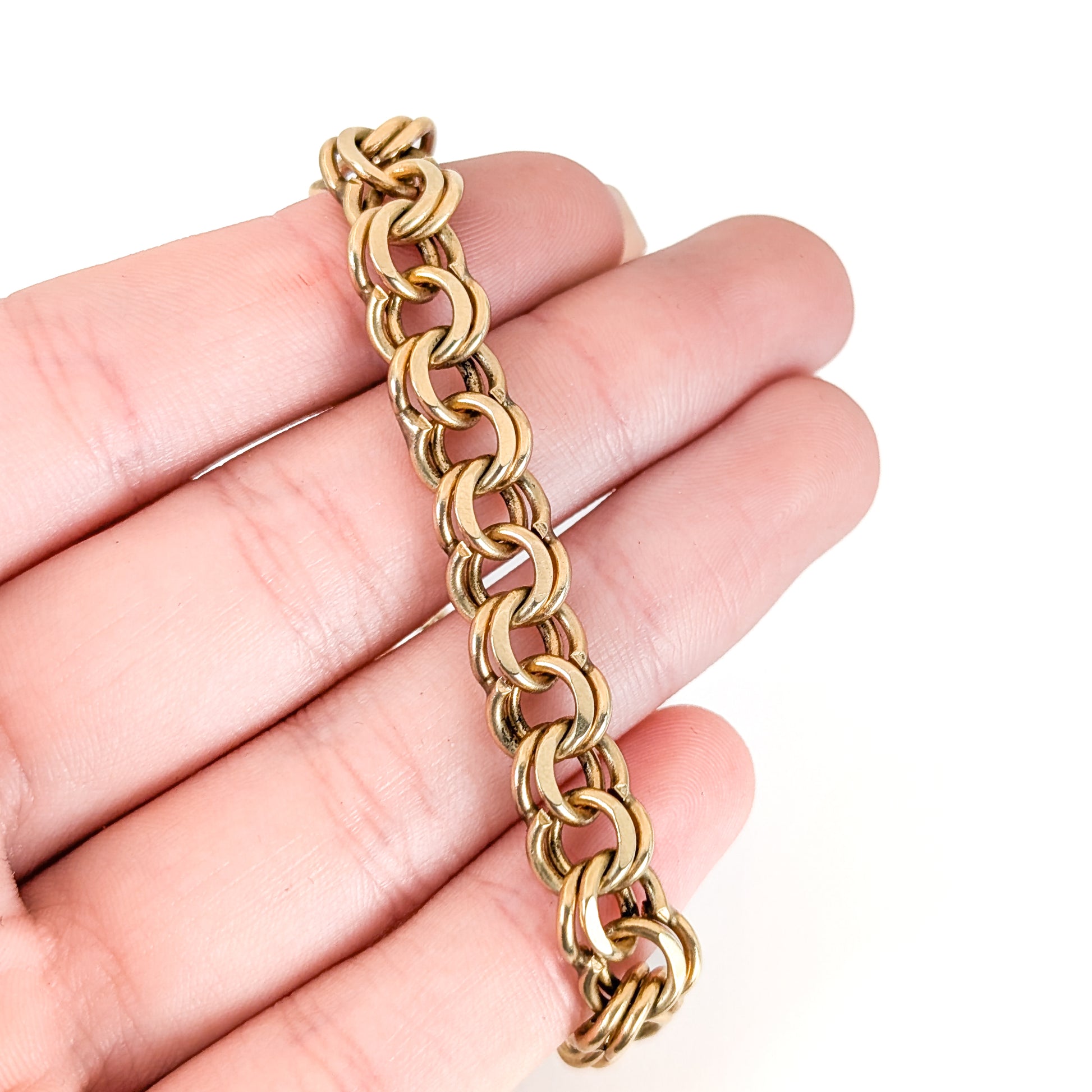 Vintage 14K Yellow Gold Double Link Charm Bracelet, 7", 24.35 g – 1970s–1980s