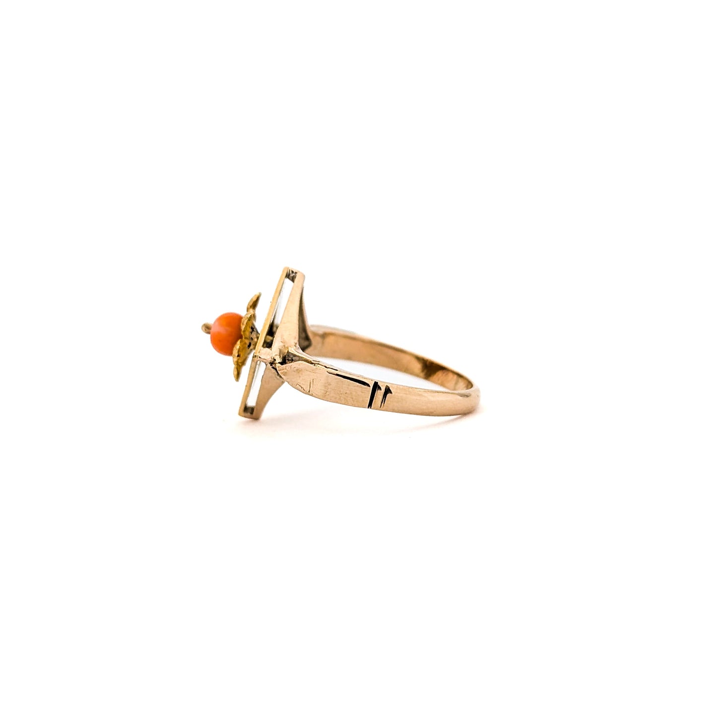 Vintage 14K Gold Coral Ring  —  Spinning Movement