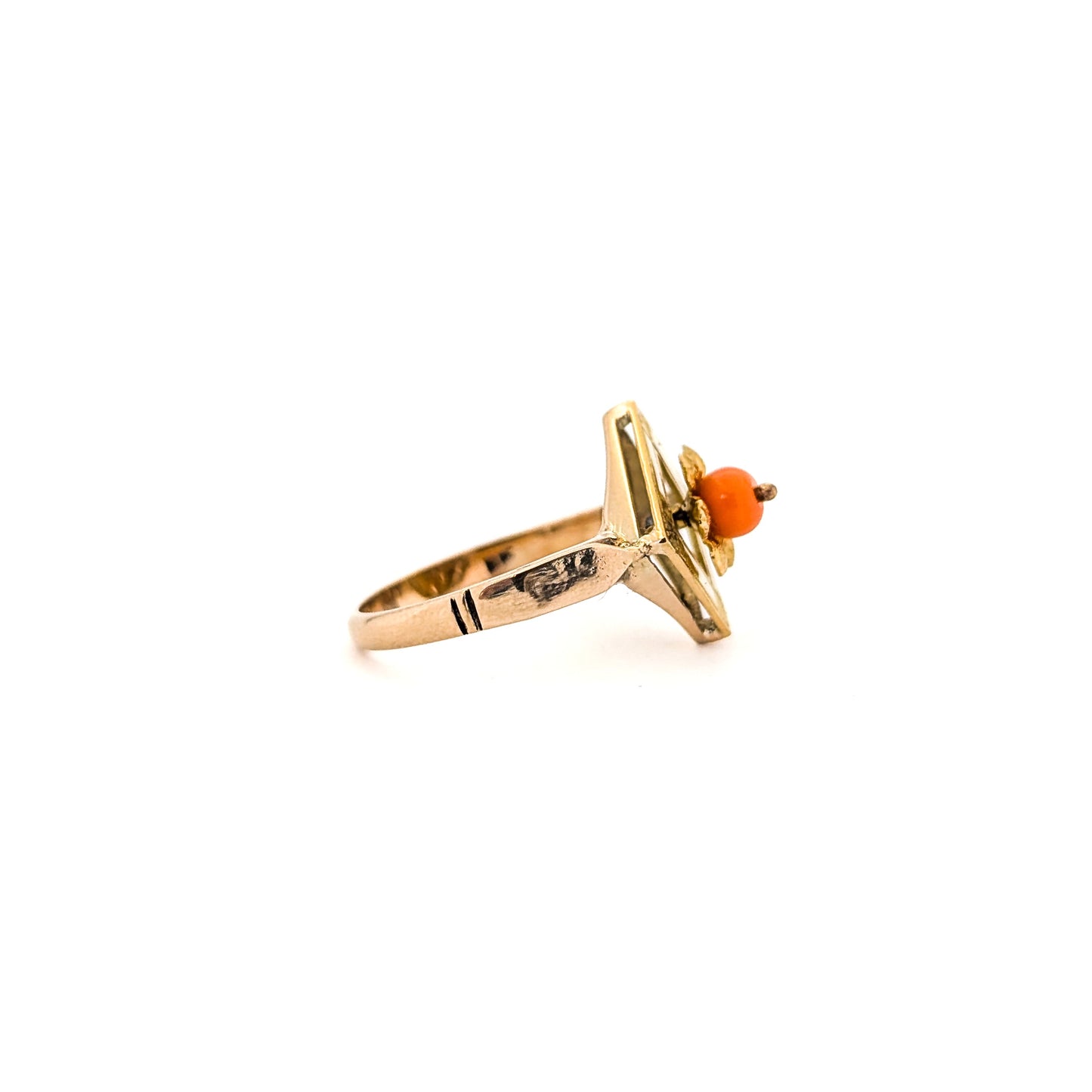 Vintage 14K Gold Coral Ring  —  Spinning Movement