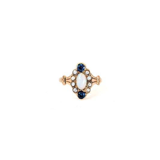 Antique 10K Rose Gold Opal, Sapphire, and Seed Pearl Ring