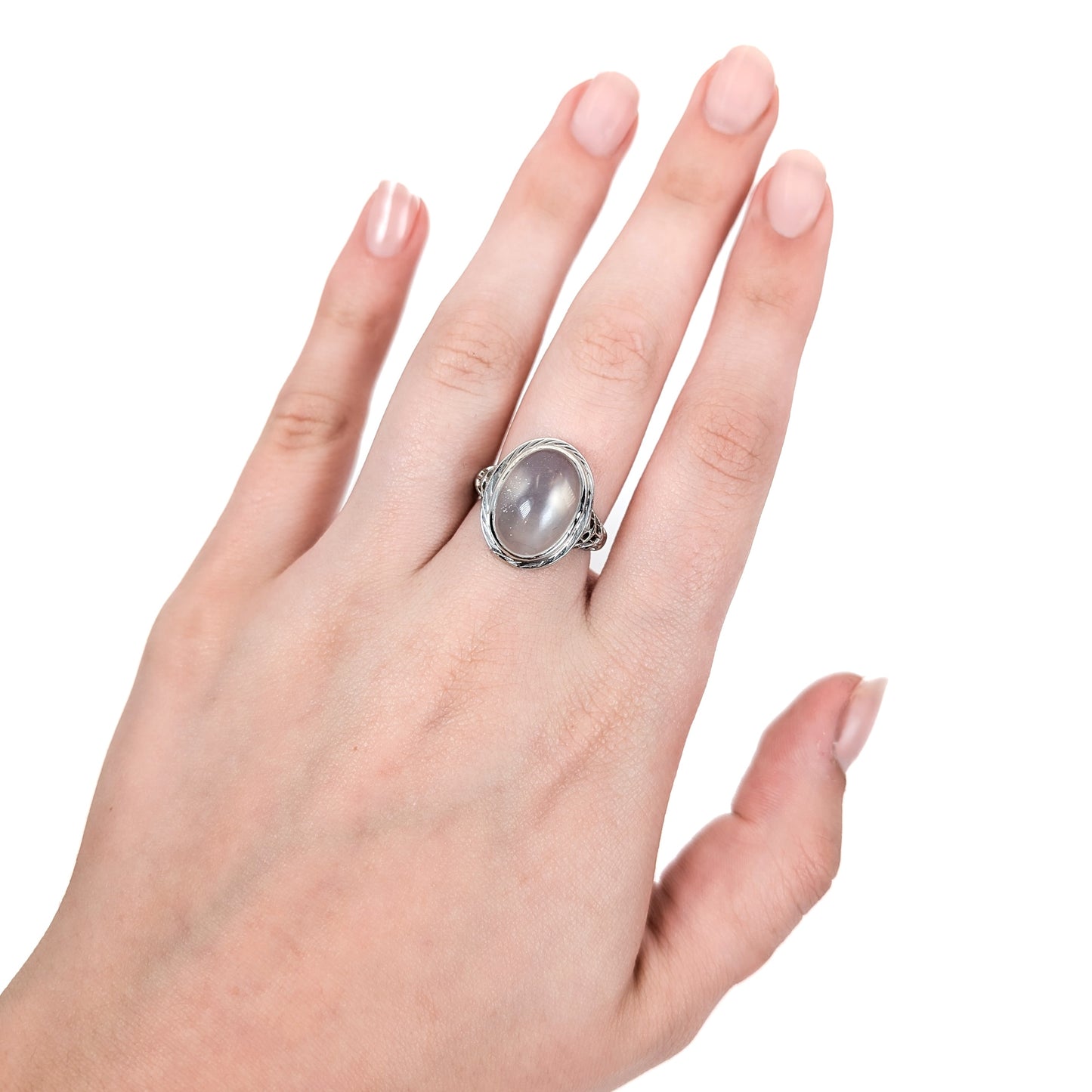 Art Deco 14K White Gold Moonstone Filigree Ring