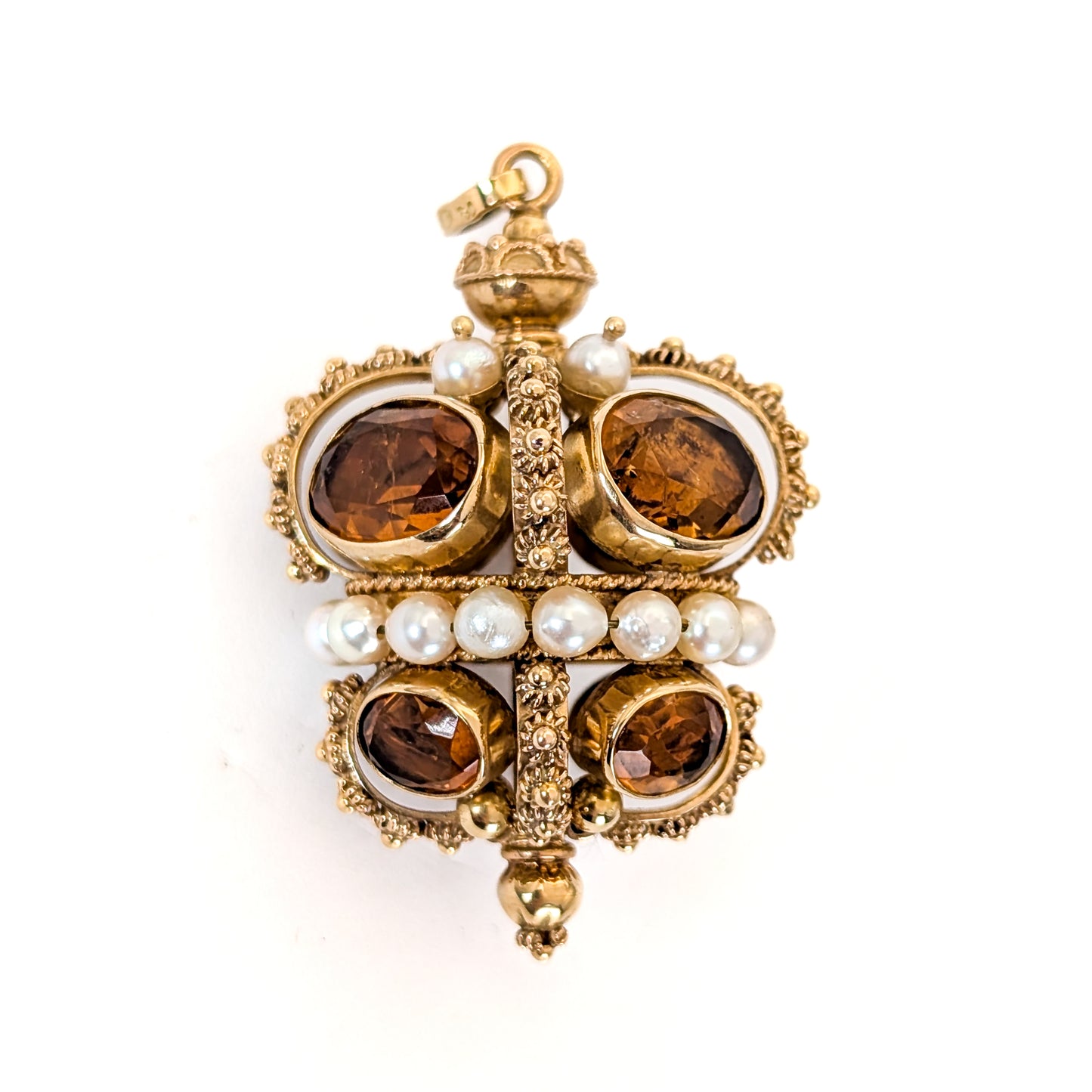 Vintage 18K Gold Citrine and Pearl Crown Pendant
