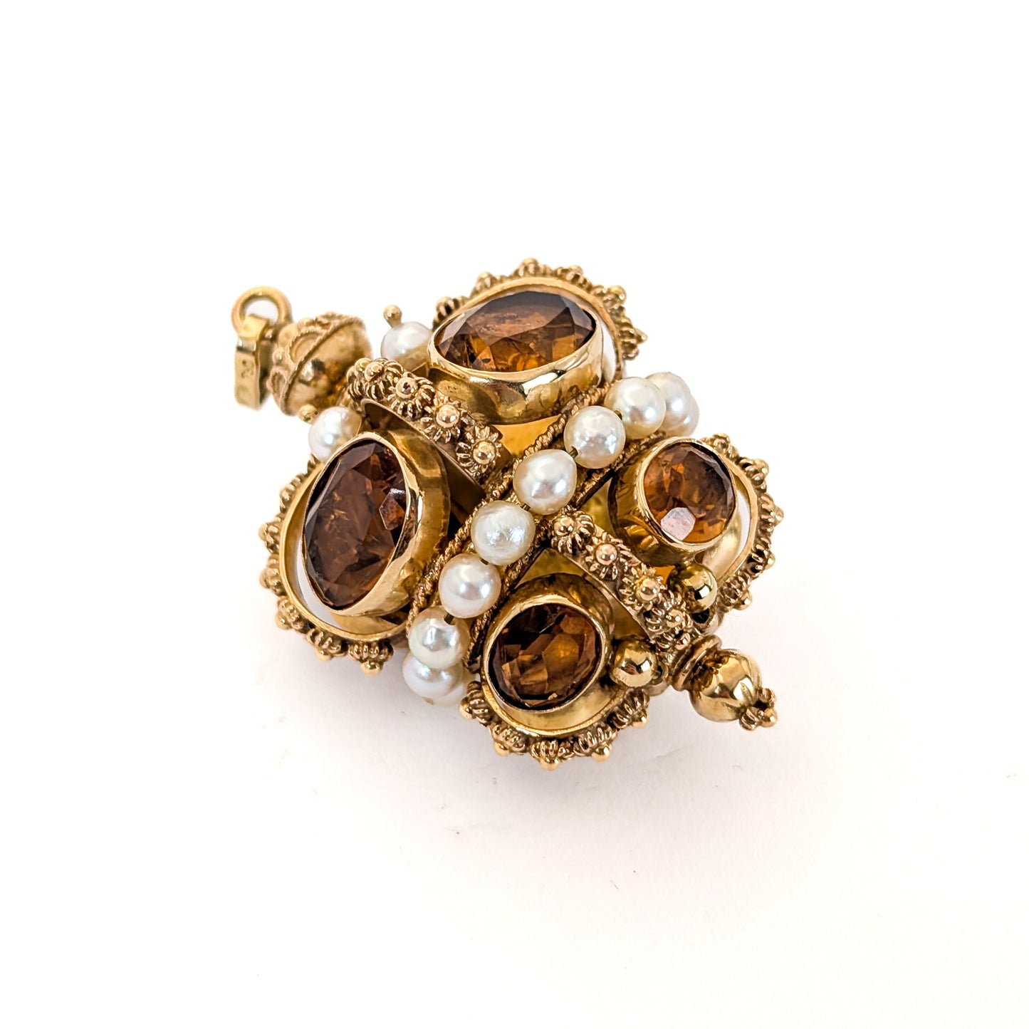 Vintage 18K Gold Citrine and Pearl Crown Pendant