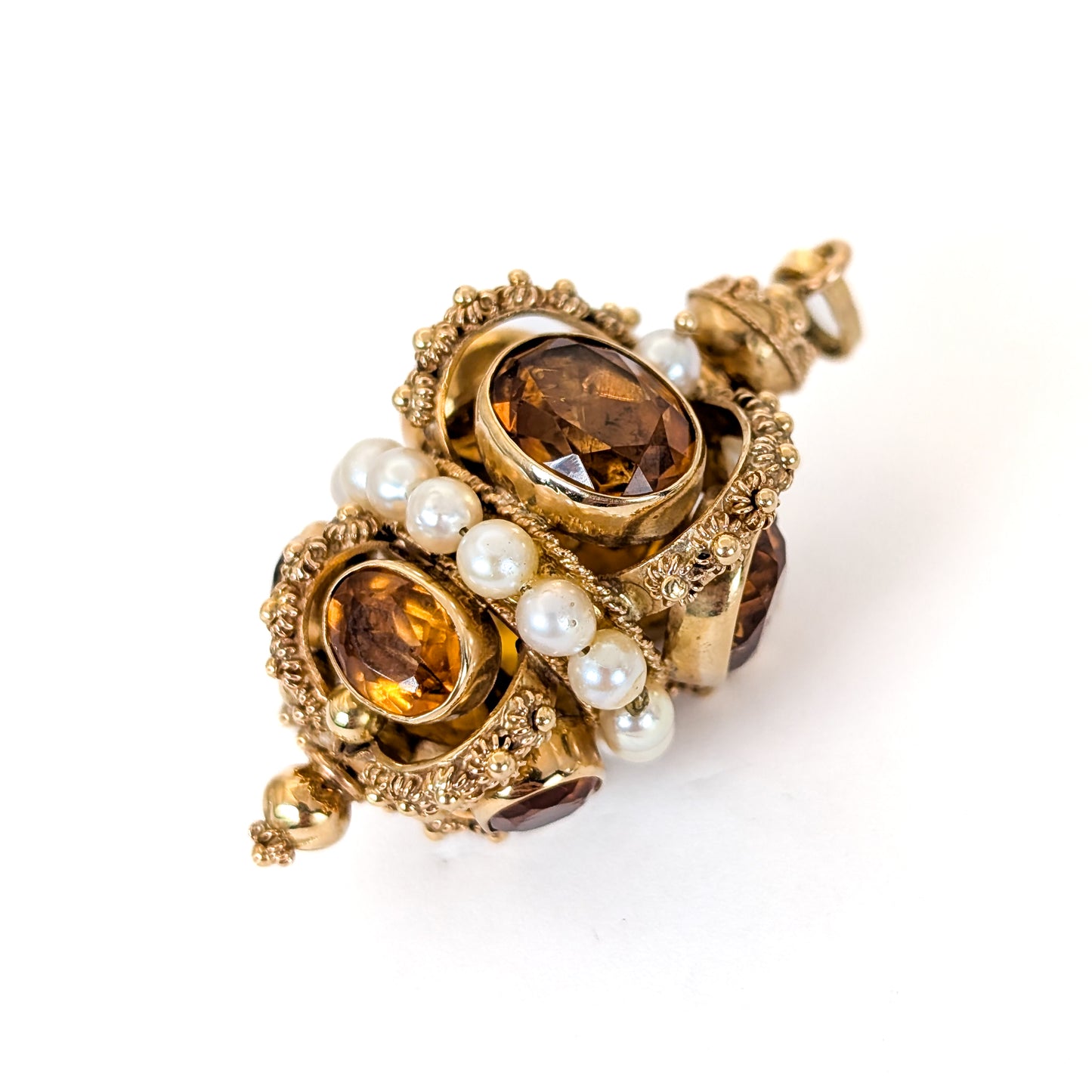 Vintage 18K Gold Citrine and Pearl Crown Pendant