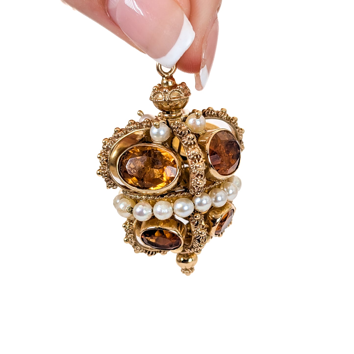 Vintage 18K Gold Citrine and Pearl Crown Pendant