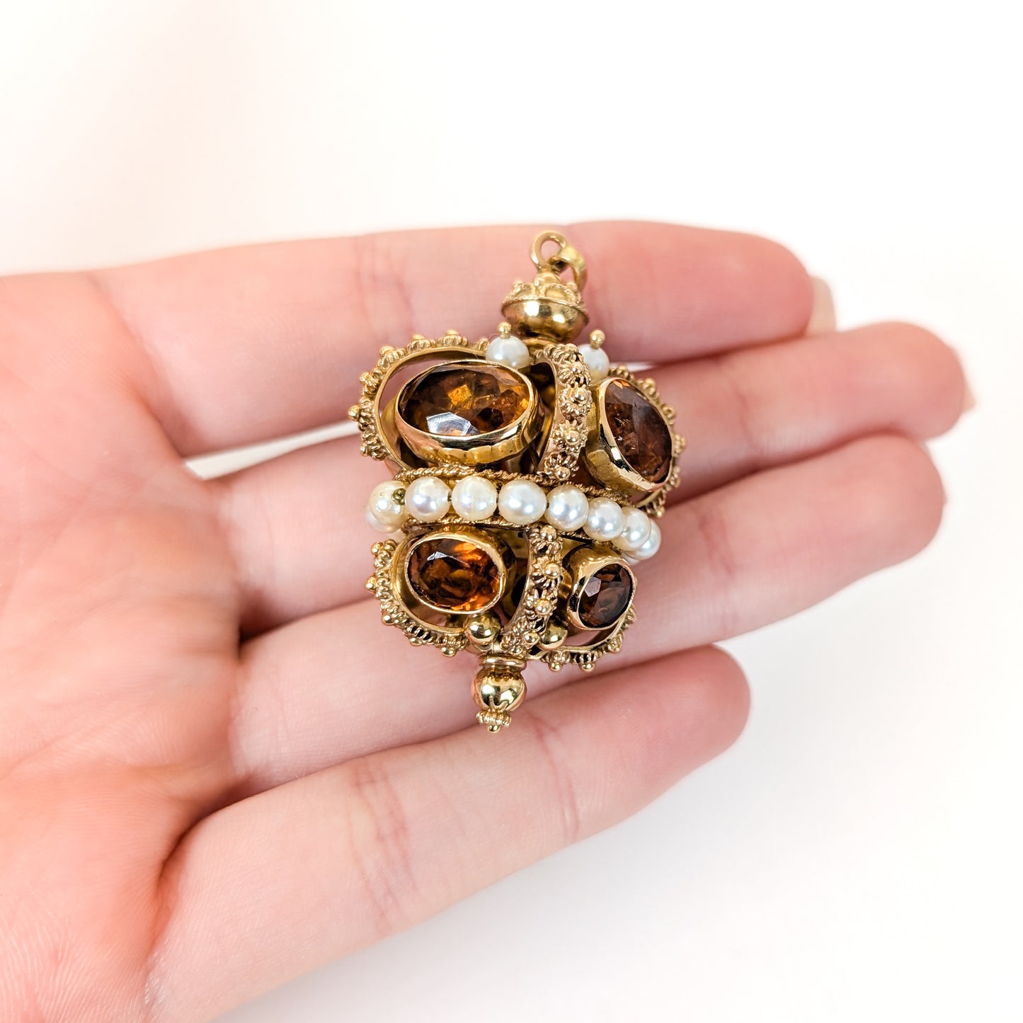 Vintage 18K Gold Citrine and Pearl Crown Pendant