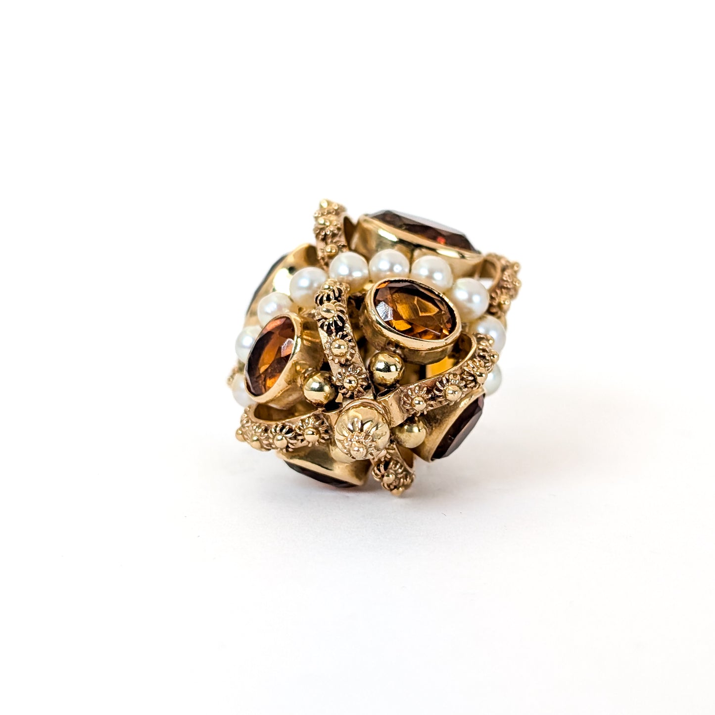 Vintage 18K Gold Citrine and Pearl Crown Pendant