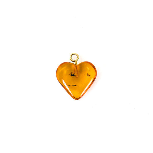 Vintage Amber Heart Charm with Insect Inclusion & 18K Gold Bail – Honey Amber Pendant
