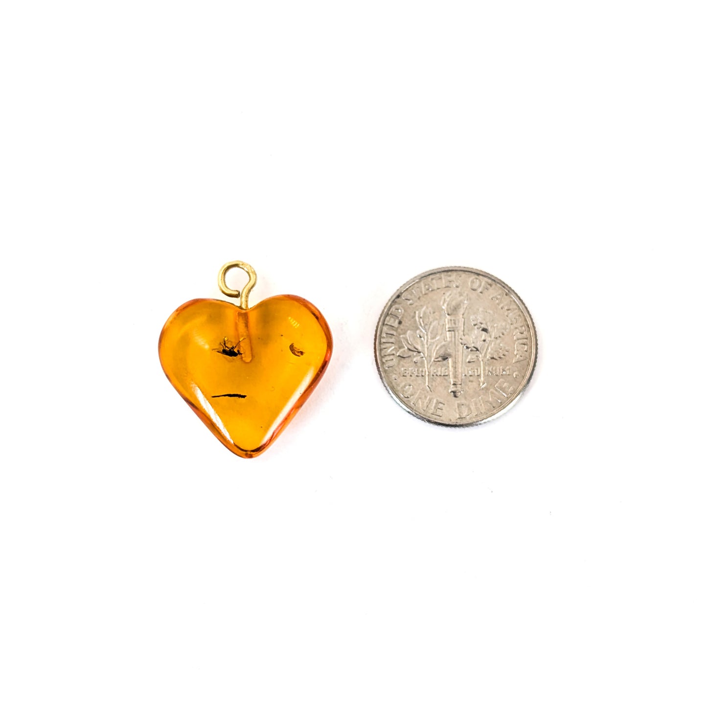Vintage Amber Heart Charm/Pendant With Insect Inclusion & 18K Gold Bail