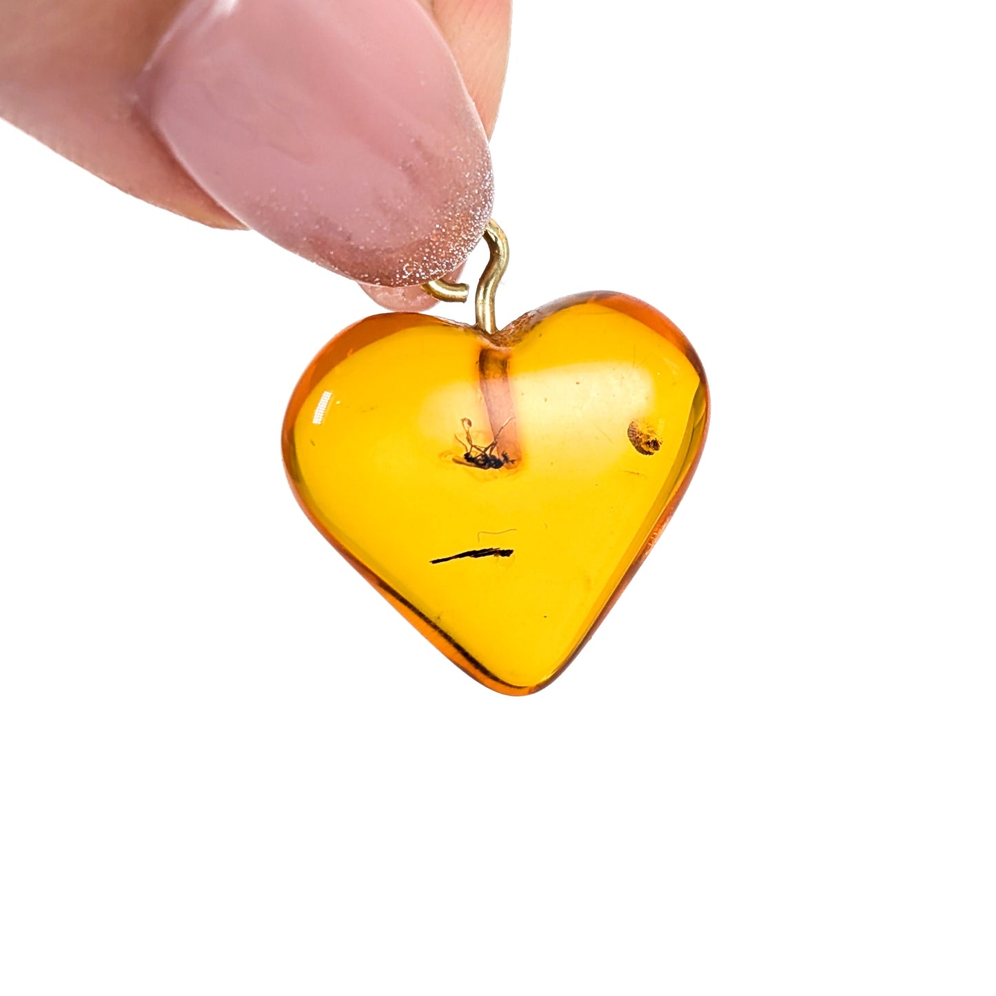 Vintage Amber Heart Charm/Pendant With Insect Inclusion & 18K Gold Bail
