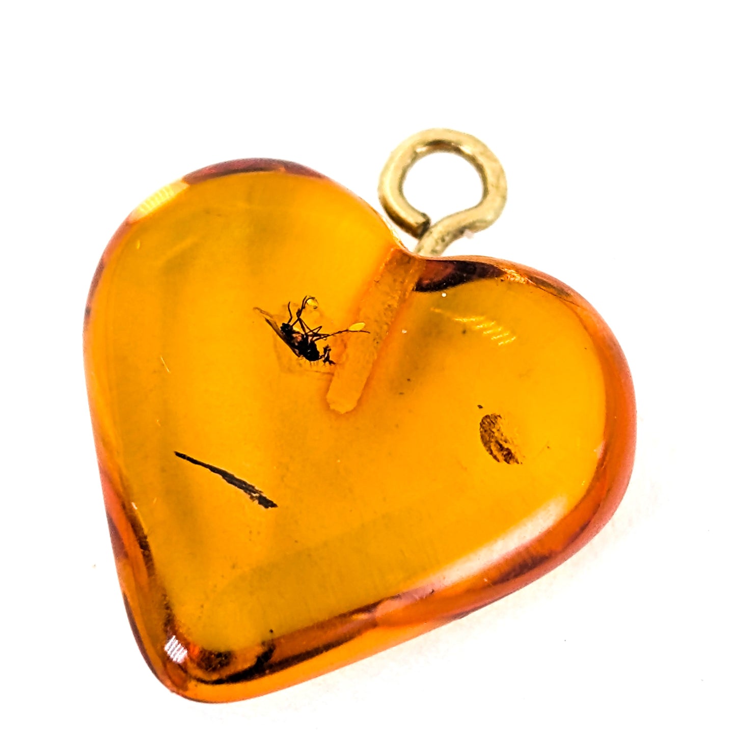 Vintage Amber Heart Charm/Pendant With Insect Inclusion & 18K Gold Bail