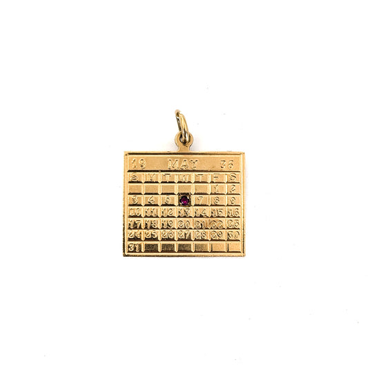 Vintage 14K Gold & Ruby Calendar Charm – May 6, 1936 Calendar, Engraved “To Roslye June 1954”