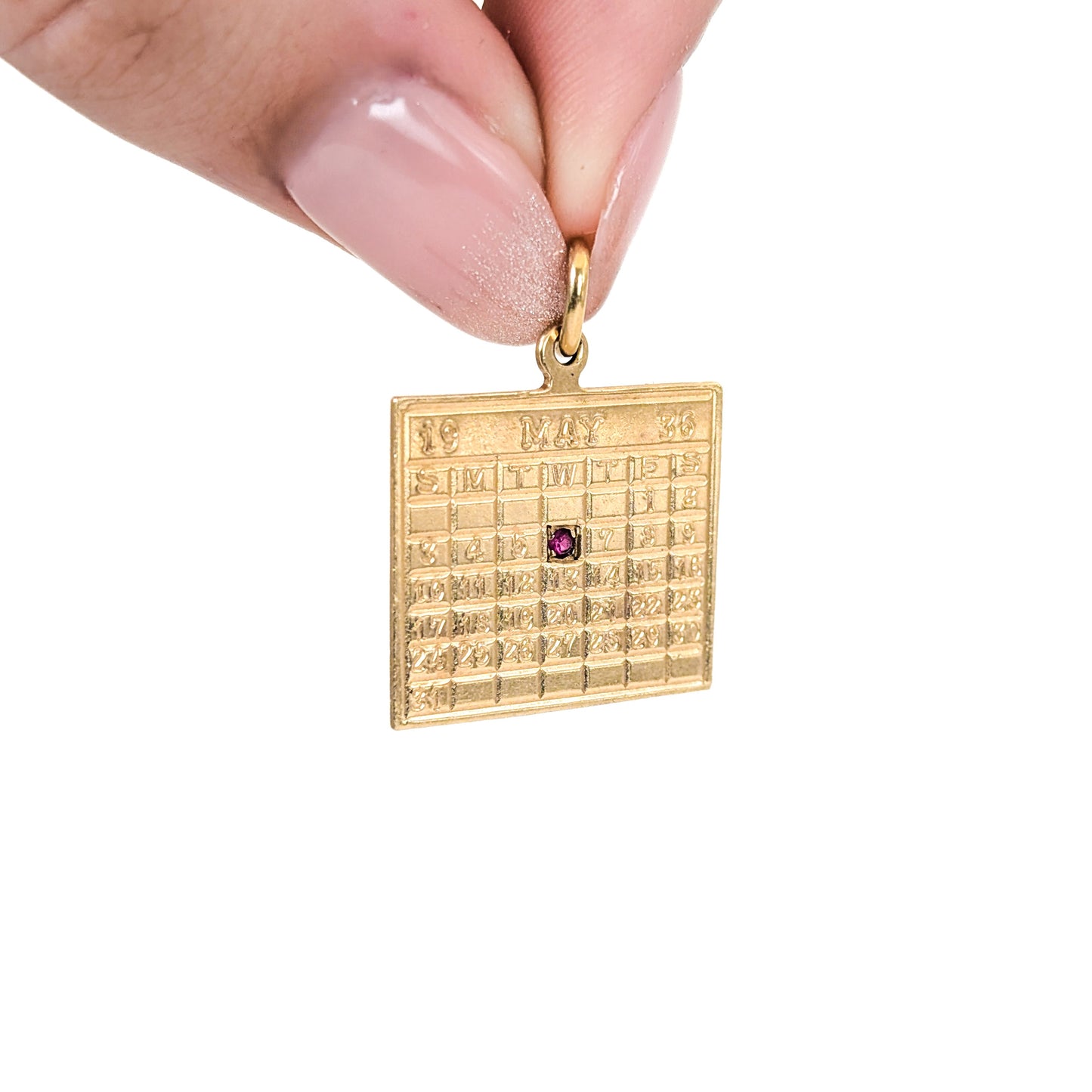 Vintage 14K Gold & Ruby Calendar Charm – May 6, 1936 Calendar, Engraved “To Roslye June 1954”