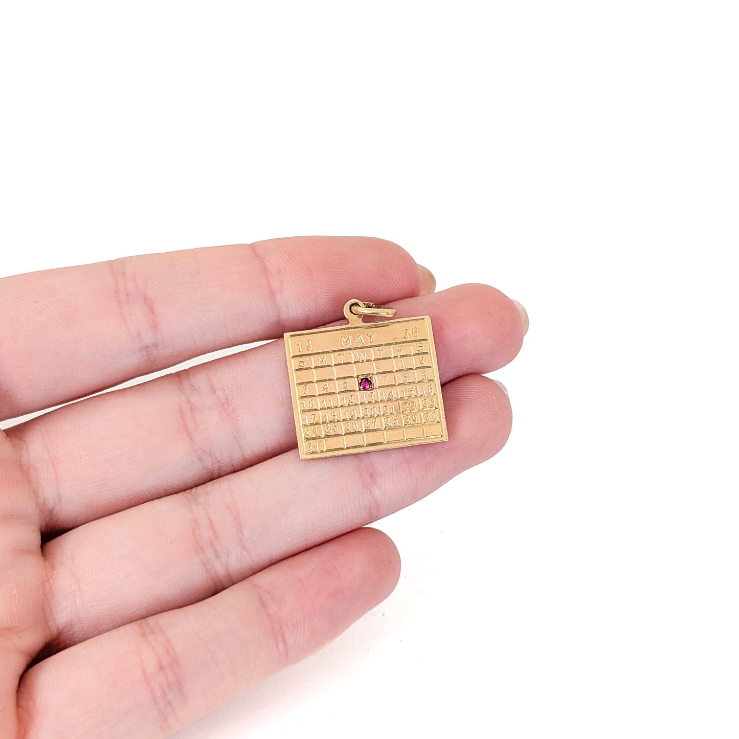 Vintage 14K Gold & Ruby Calendar Charm – May 6, 1936 Calendar, Engraved “To Roslye June 1954”