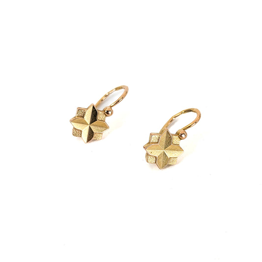 Vintage Soviet Era 14K Gold Star Leverback Earrings – Geometric Starburst Drops