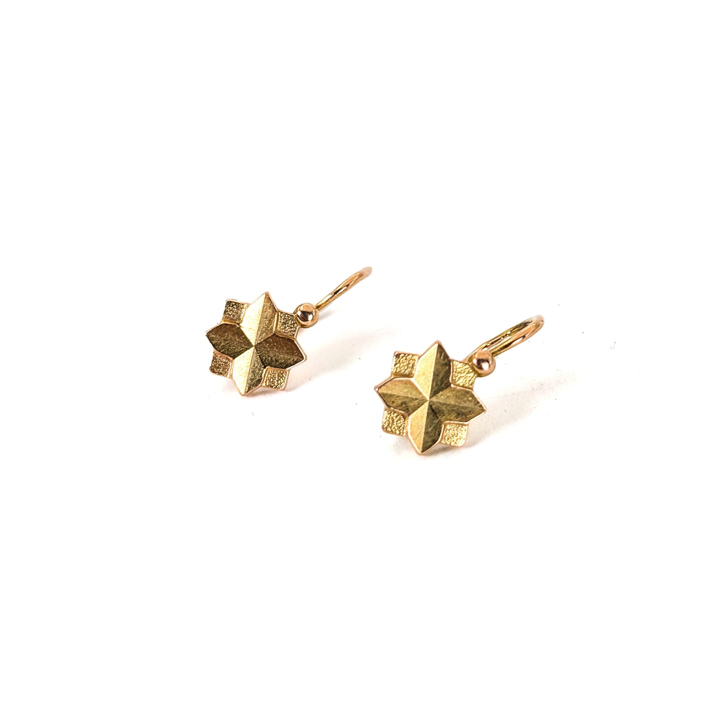 Vintage Soviet Era 14K Gold Star Leverback Earrings – Geometric Starburst Drops