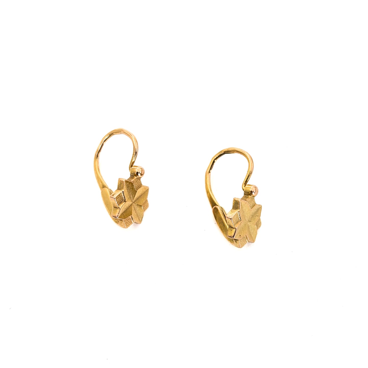 Vintage Soviet Era 14K Gold Star Leverback Earrings – Geometric Starburst Drops