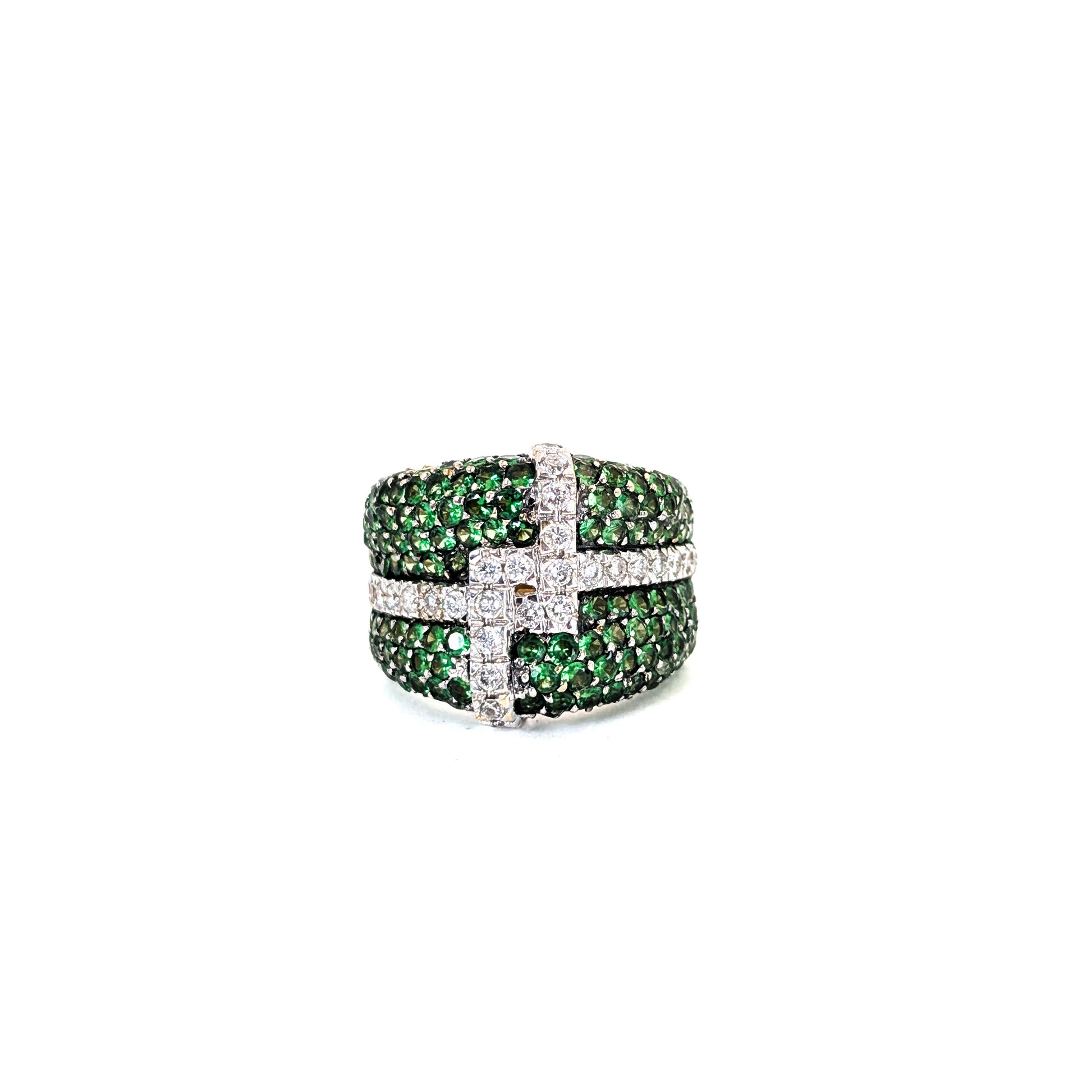 LeVian 14K White Gold Tsavorite Garnet & Diamond Wide Band Ring on a white background