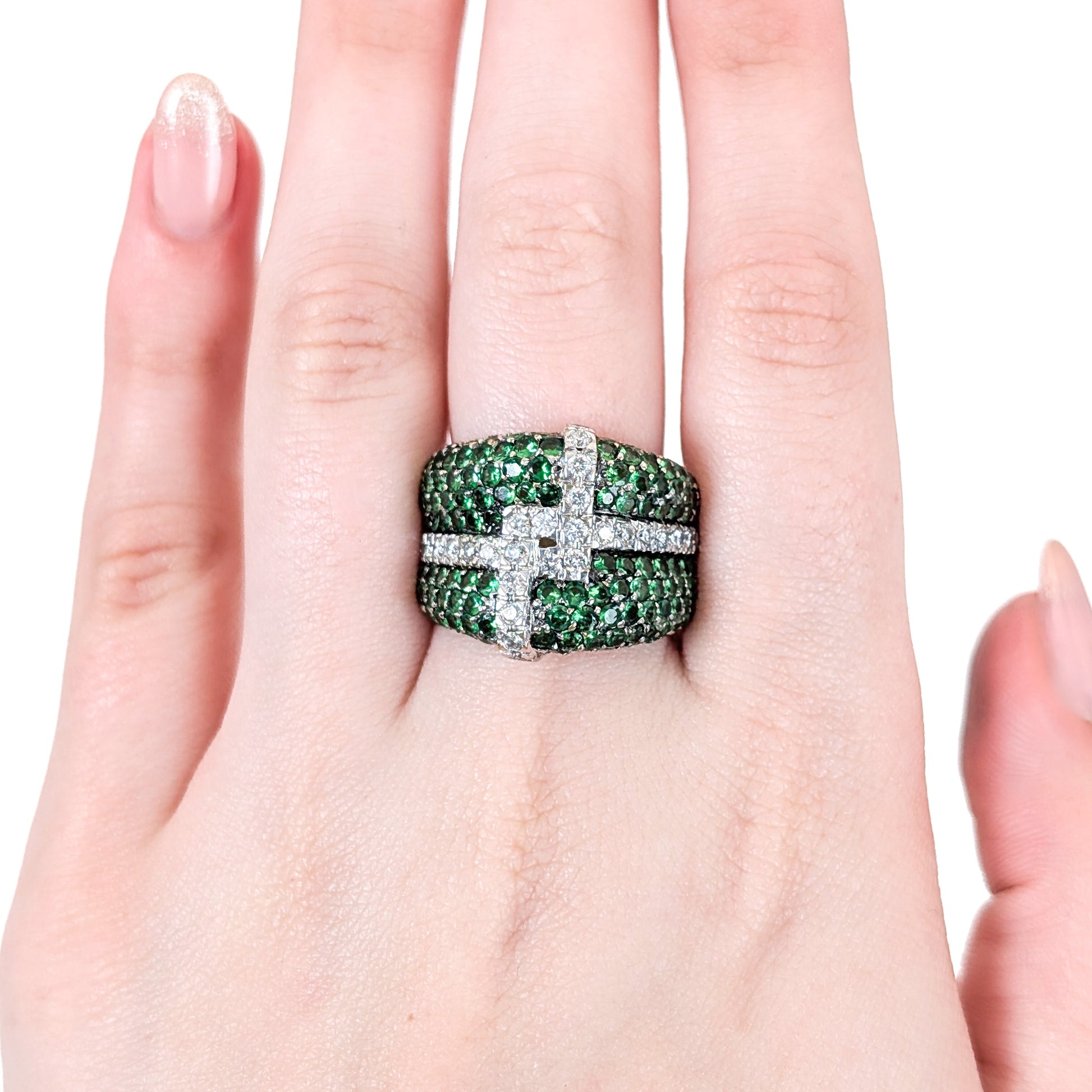 LeVian 14K White Gold Tsavorite Garnet & Diamond Wide Band Ring on a hand against a white background