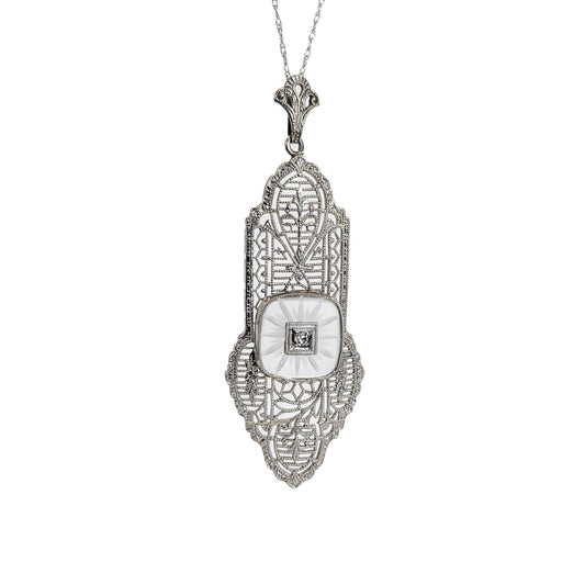 Art Deco 10K White Gold Filigree Pendant with Diamond and Camphor Glass Center