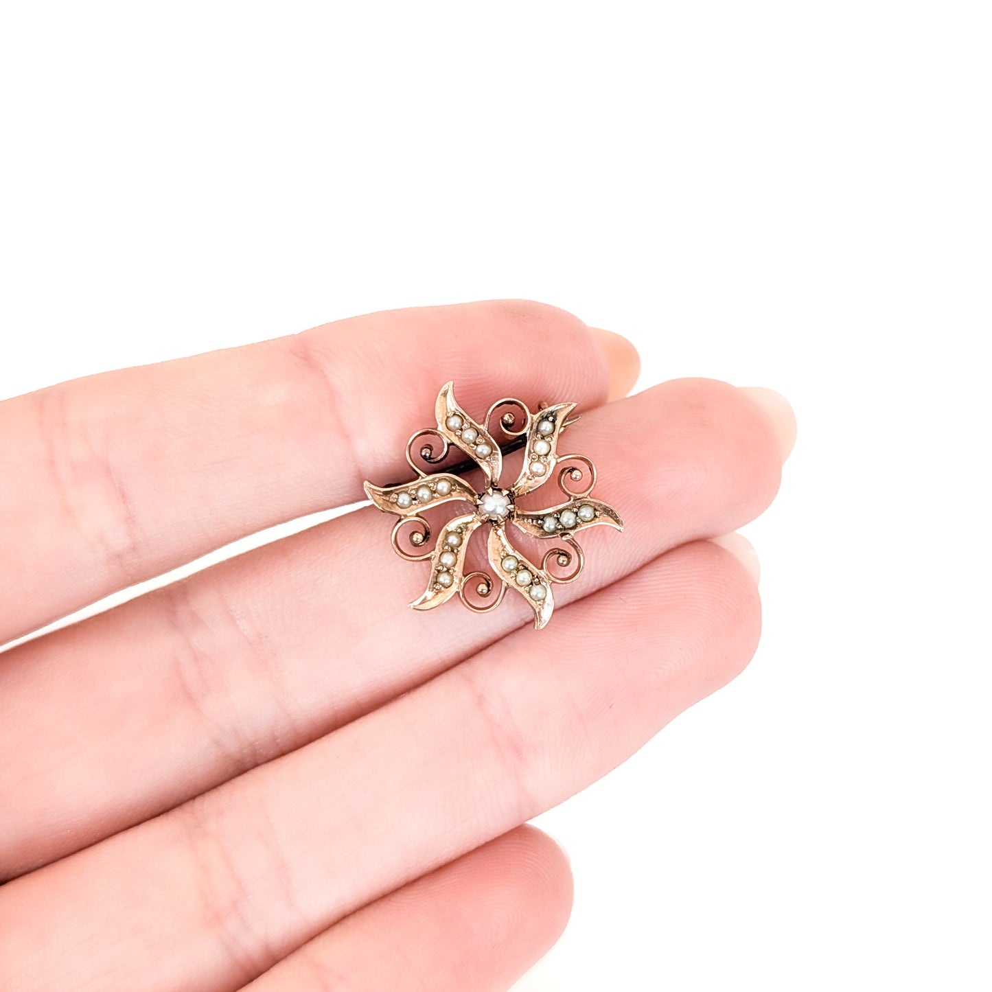 Antique 10K Rose Gold Seed Pearl Star Brooch