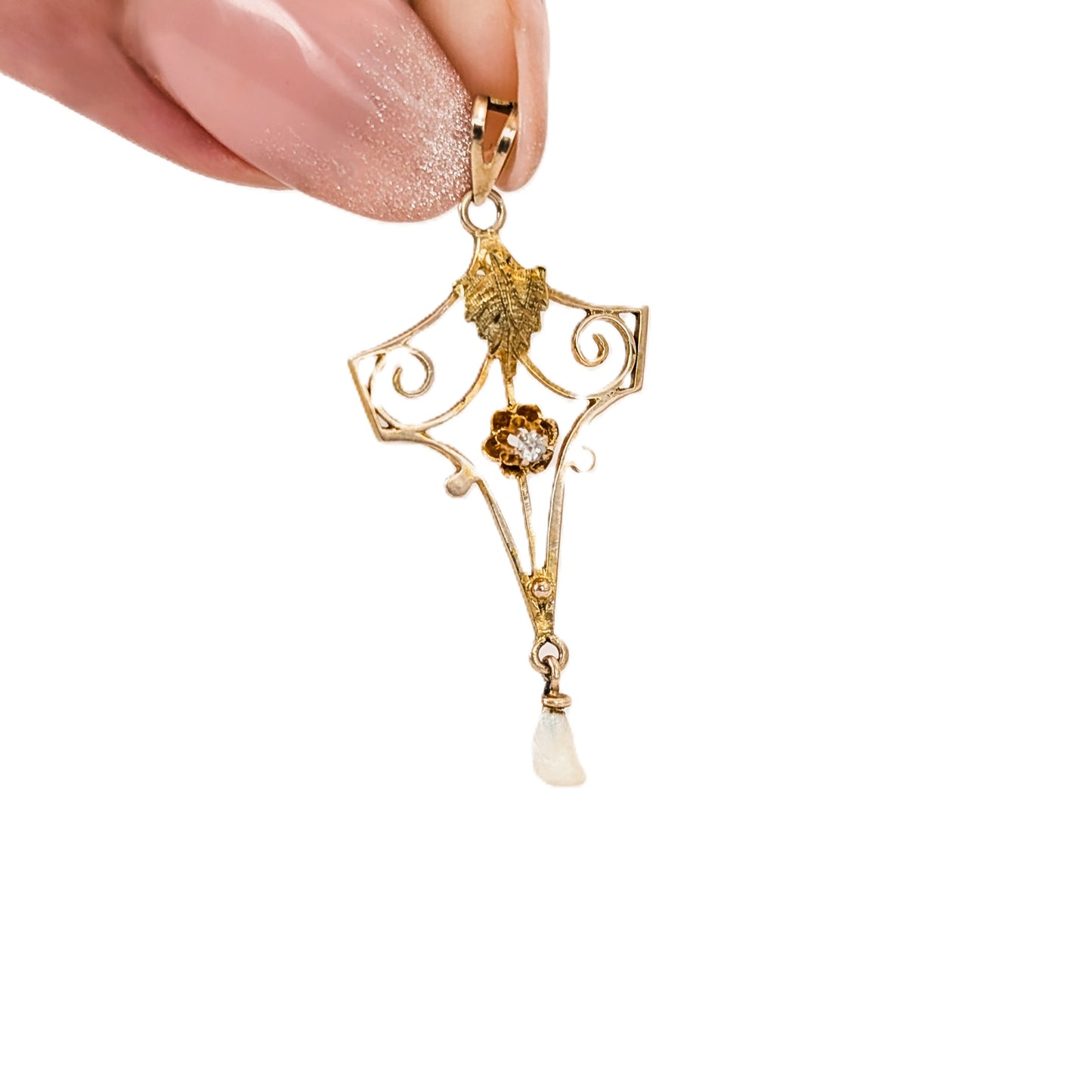 Antique 10K Gold Diamond & Pearl lavalier Pendant – Openwork Floral Scroll Design