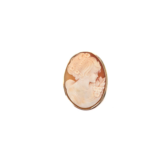 9k gold cameo brooch with a classical design on a white background
