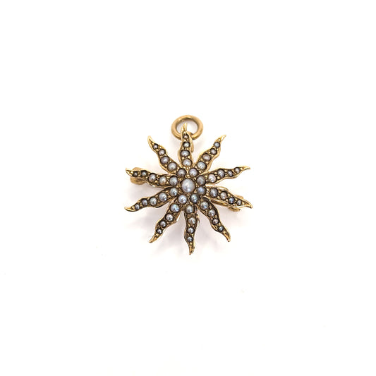 14K Victorian Seed Pearl Star  pendant/brooch on a white background