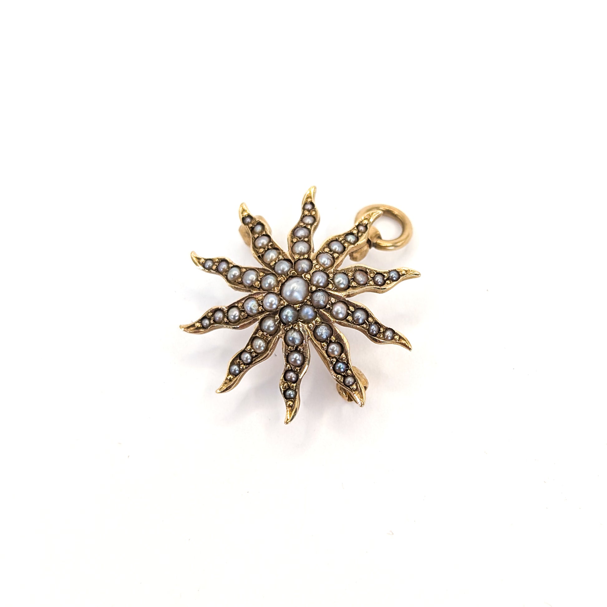 14K Victorian Seed Pearl Star  pendant/brooch on a white background